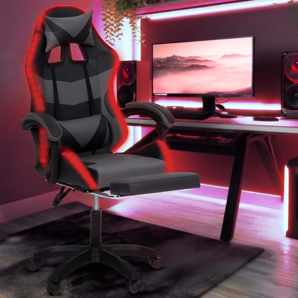 Sedia da gioco LUC LED con poggiapiedi, cuscino per la testa e supporto lombare in nero e grigio