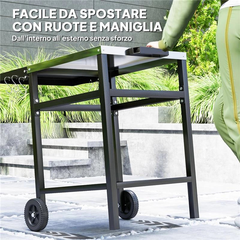 CARRELLO PER BARBECUE CON PIANO IN ACCIAIO E RIPIANO RICHIUDIBILE RUOTE E GANCI 91X58X76 CM NERO