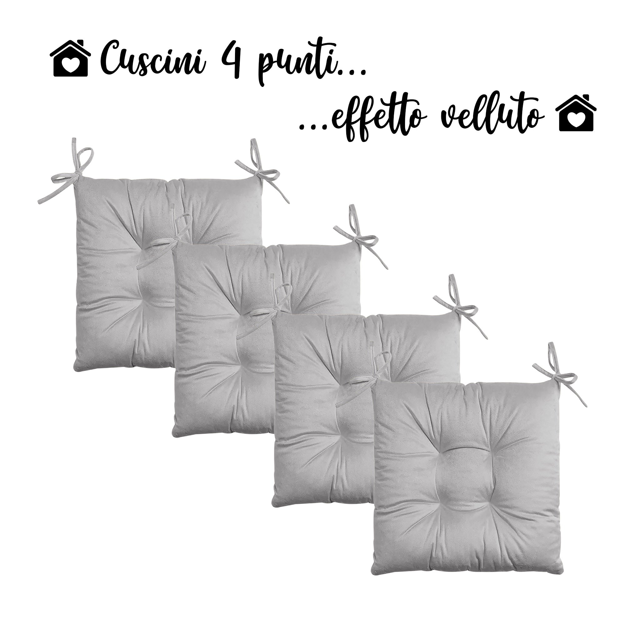 Set 4 Cuscini Sedie 4 Punti Coprisedie Effetto Velluto Con Lacci Prodotto Italiano Tinta Unita 4 Pezzi Cuscino Cucina Sala Da Pranzo Soggiorno Imbottitura 5Cm - Grigio