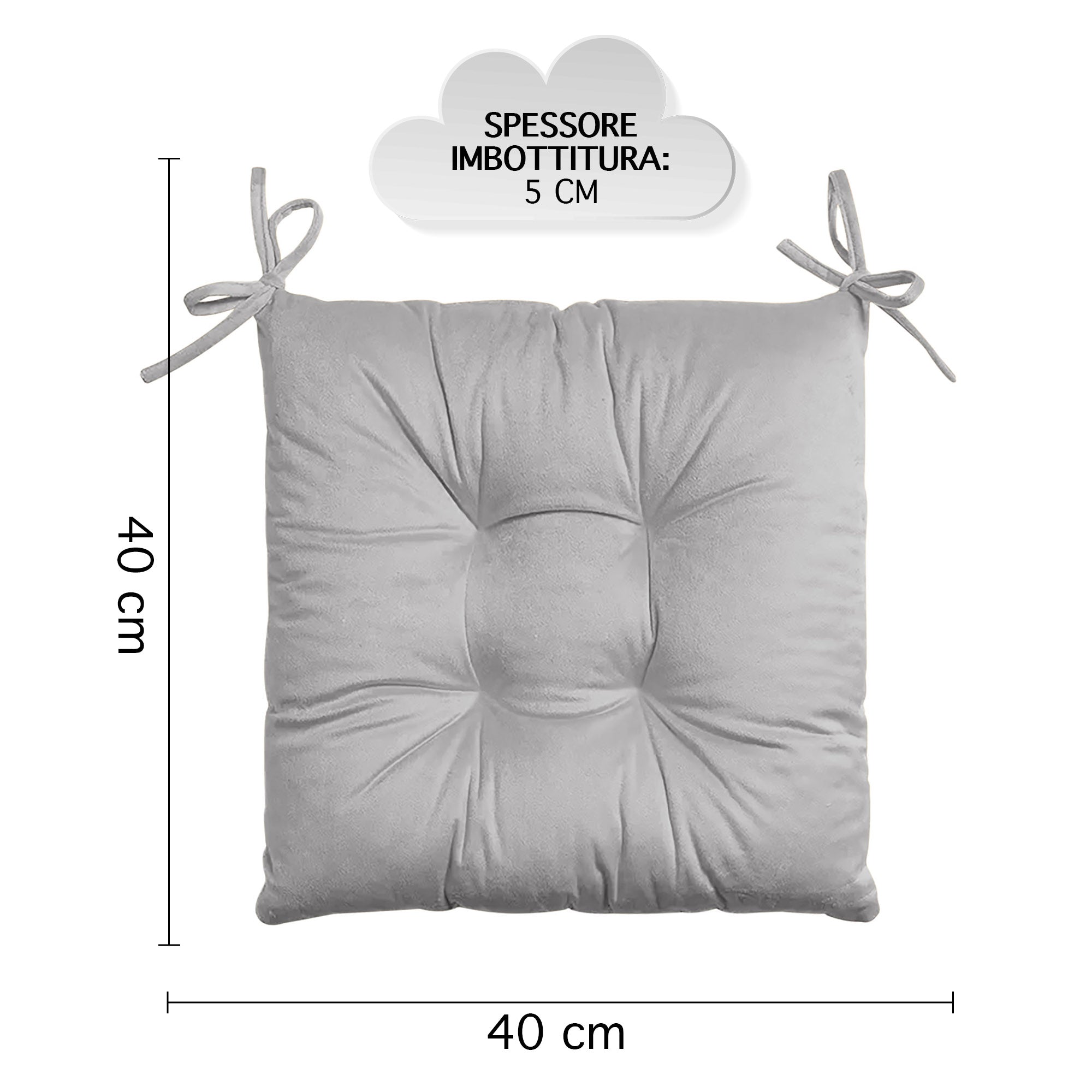 Set 4 Cuscini Sedie 4 Punti Coprisedie Effetto Velluto Con Lacci Prodotto Italiano Tinta Unita 4 Pezzi Cuscino Cucina Sala Da Pranzo Soggiorno Imbottitura 5Cm - Grigio