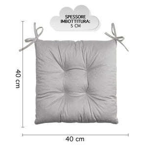 Set 4 Cuscini Sedie 4 Punti Coprisedie Effetto Velluto Con Lacci Prodotto Italiano Tinta Unita 4 Pezzi Cuscino Cucina Sala Da Pranzo Soggiorno Imbottitura 5Cm - Grigio