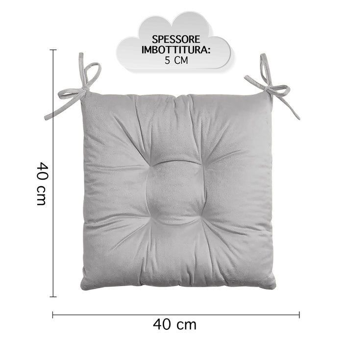 Set 4 Cuscini Sedie 4 Punti Coprisedie Effetto Velluto Con Lacci Prodotto Italiano Tinta Unita 4 Pezzi Cuscino Cucina Sala Da Pranzo Soggiorno Imbottitura 5Cm - Grigio