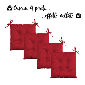 Set 4 Cuscini Sedie 4 Punti Coprisedie Effetto Velluto Con Lacci Prodotto Italiano Tinta Unita 4 Pezzi Cuscino Cucina Sala Da Pranzo Soggiorno Imbottitura 5Cm - Rosso
