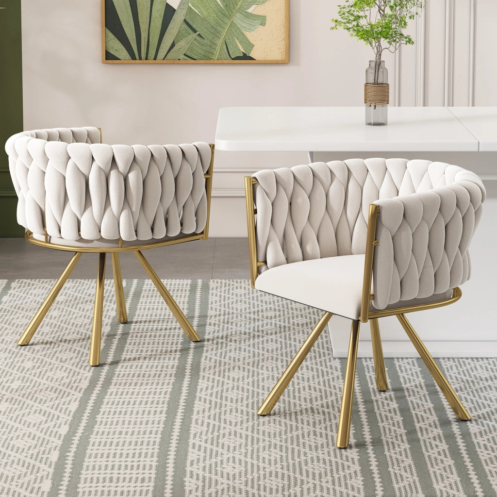 Set 2 sedie da pranzo girevoli in velluto beige con gambe in metallo oro, rotazione 360°