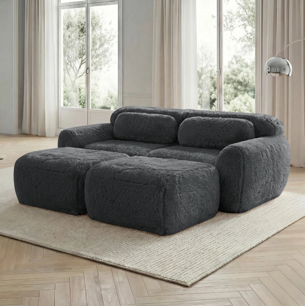 Divano modulare 2 posti grigio in peluche, con 2 pouf collegabili
