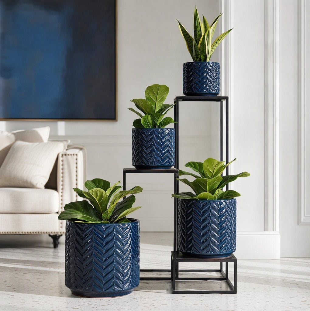 VASI in Ceramica Ø20-38 cm Blu Navy con Foro di Drenaggio, Set da 4 pezzi