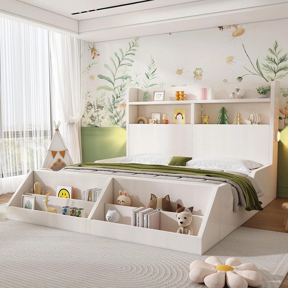 Letto legno-Xylo-140x200cm ripiani luci biblioteca bianco senza materasso