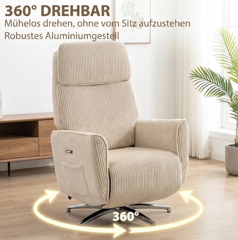 Poltrona Relax Elettrica Girevole 360° con USB, Crema
