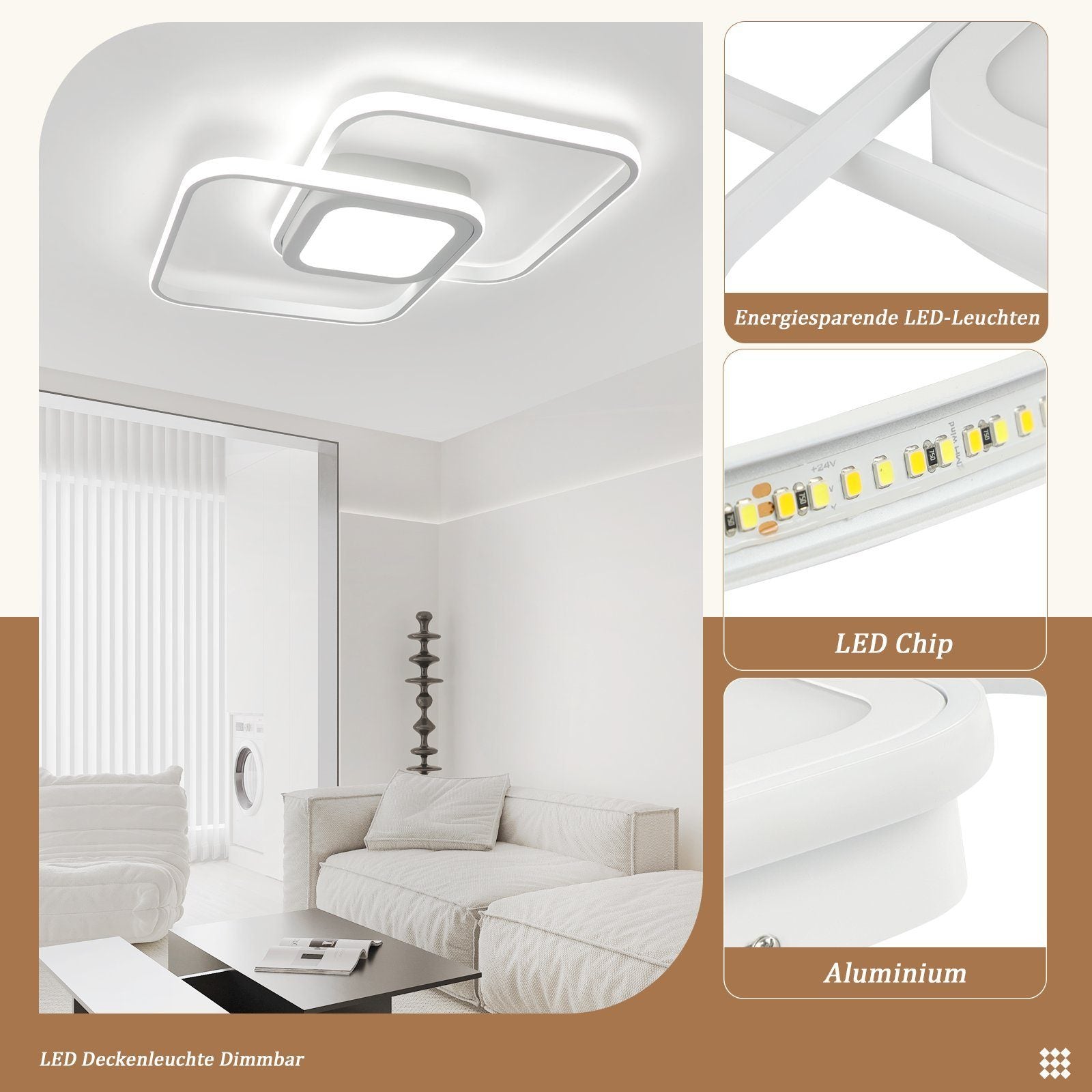 ZMH Lampada da soffitto LED Bianco 48W Quadrato  dimmerabile Classico con telecomando