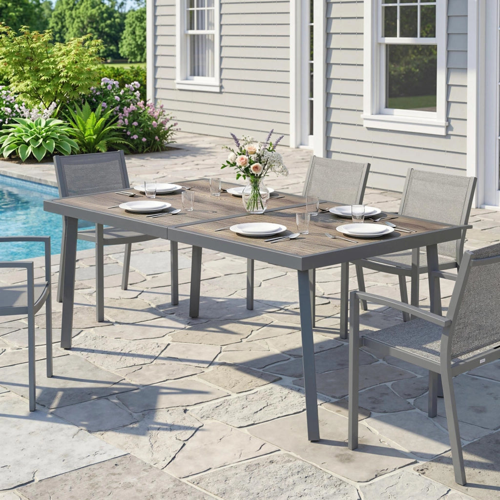 Tavolo da Giardino Rettangolare per 6 Persone con Piano Effetto Legno, in Acciaio e PSPC, 145x85x72 cm, Grigio