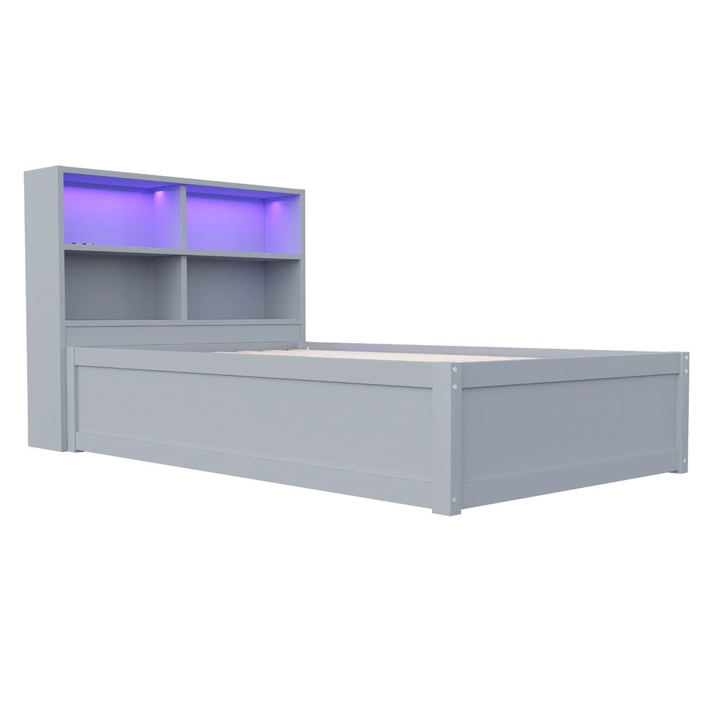 Letto Singolo Contenitore Idraulico in Legno Massello con LED ¨C MINIMAL ¨C Grigio, 90x200, senza materasso