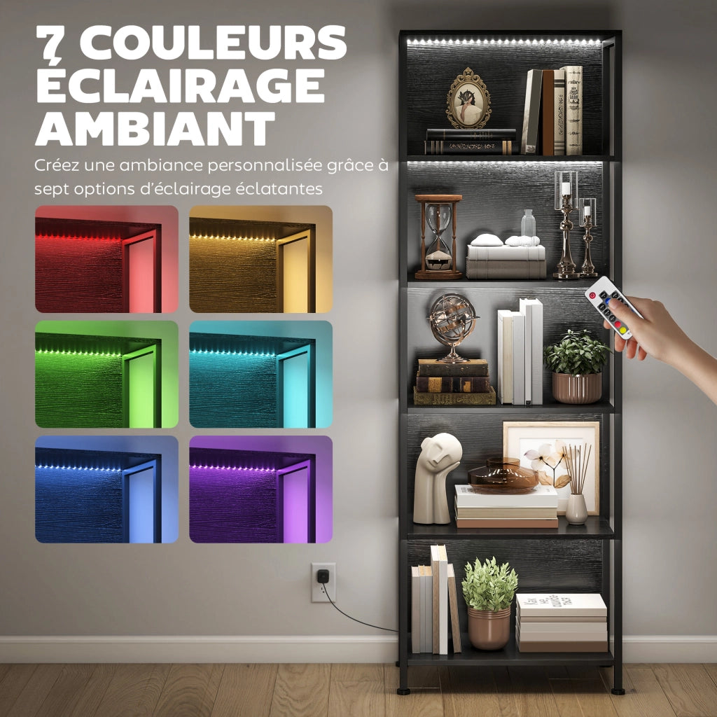 Libreria scaffale illuminazione LED 5 livelli ¨C zephmum ¨C 60x30x179 cm nero metallo