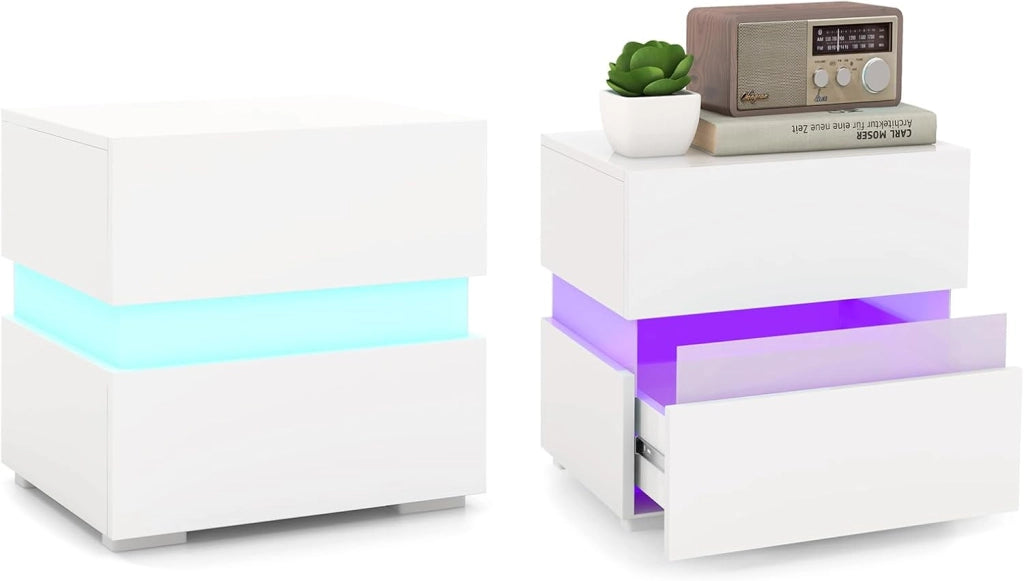 Comodino con Illuminazione a LED, 45 x 35 x 45 cm, Comodino con 2 Cassetti, LED con 22 Modalità Dinamiche, 5 Livelli di Luminosità e Telecomando (2, Bianco)