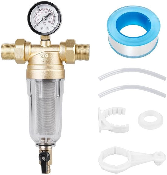 Filtro idoneo per l'acqua potabile per reti di distribuzione domestica - Filtro per sedimenti - Filtro fine per tubi da giardino - Filtro di ritorno con connessione 1 pollice (Incluso adattatore 3/4 pollice)