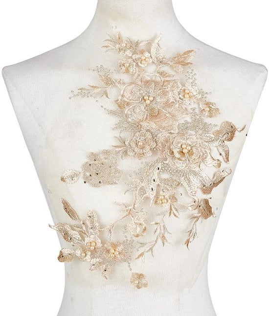 Applicazioni di fiori 2 pezzi - Lato dorato chiaro - 3D ricamo - Perle a catenella - Pannelli da cucire - Per abbigliamento da sposa/abito