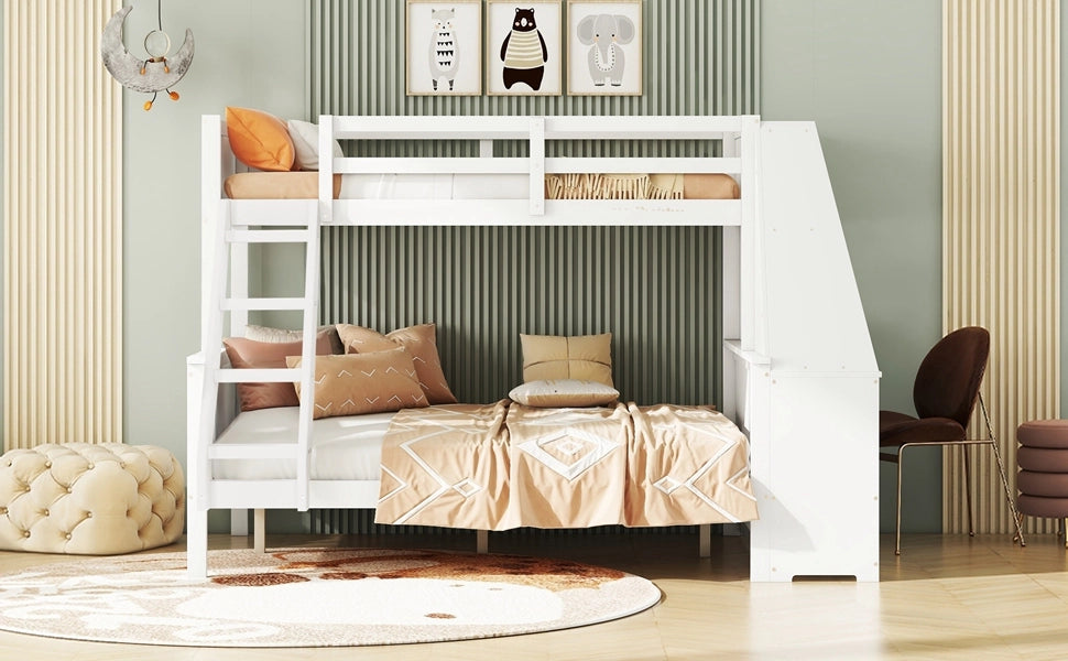 DESMIU Letto a castello bambini 90 × 200 cm e 140 × 200 cm con scrivania, contenimento, senza materasso, bianco
