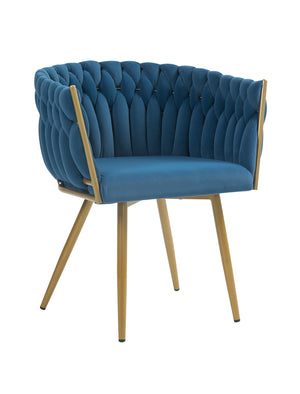 Poltrona Con Schienale In Velluto Intrecciato Design Moderno, Sedia Imbottita Circolare con Gambe in Metallo Placcato Oro Poltroncina  - Blu