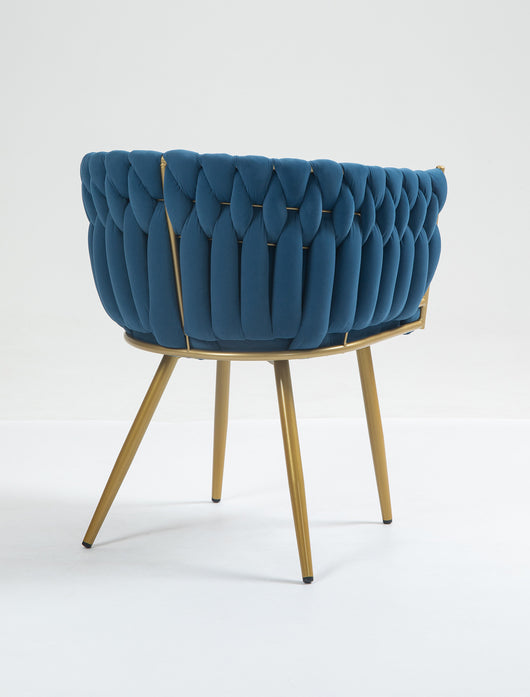 Poltrona Con Schienale In Velluto Intrecciato Design Moderno, Sedia Imbottita Circolare con Gambe in Metallo Placcato Oro Poltroncina  - Blu