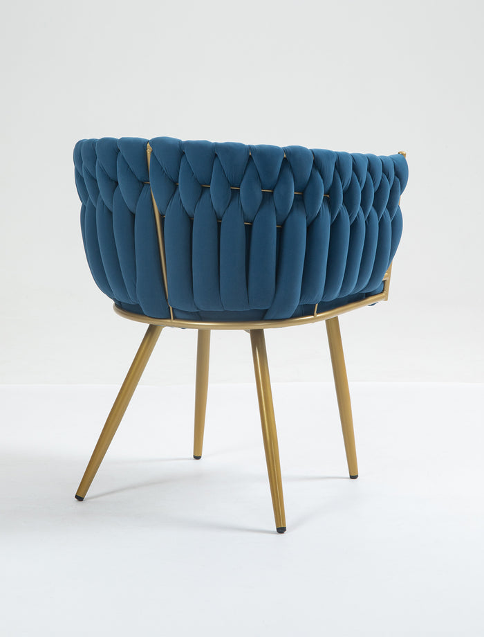 Poltrona Con Schienale In Velluto Intrecciato Design Moderno, Sedia Imbottita Circolare con Gambe in Metallo Placcato Oro Poltroncina  - Blu