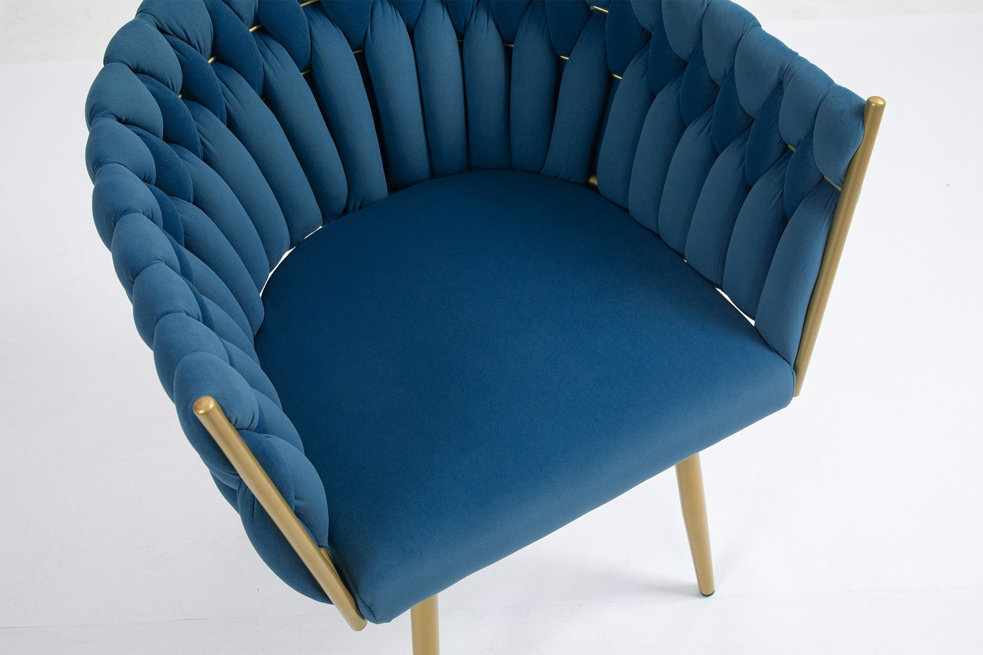 Poltrona Con Schienale In Velluto Intrecciato Design Moderno, Sedia Imbottita Circolare con Gambe in Metallo Placcato Oro Poltroncina  - Blu