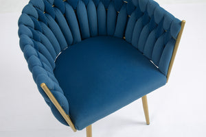 Poltrona Con Schienale In Velluto Intrecciato Design Moderno, Sedia Imbottita Circolare con Gambe in Metallo Placcato Oro Poltroncina  - Blu