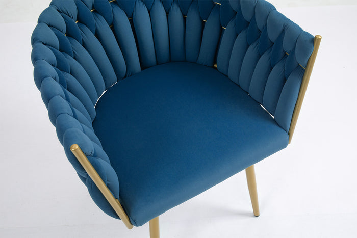 Poltrona Con Schienale In Velluto Intrecciato Design Moderno, Sedia Imbottita Circolare con Gambe in Metallo Placcato Oro Poltroncina  - Blu