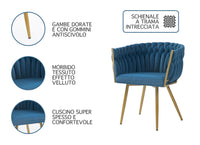 Poltrona Con Schienale In Velluto Intrecciato Design Moderno, Sedia Imbottita Circolare con Gambe in Metallo Placcato Oro Poltroncina  - Blu