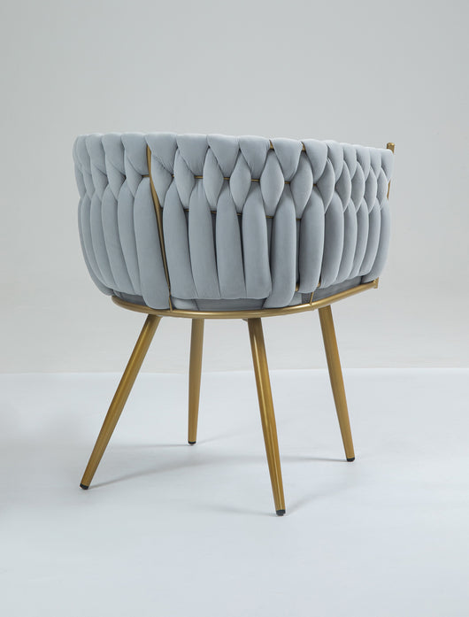 Poltrona Con Schienale In Velluto Intrecciato Design Moderno, Sedia Imbottita Circolare con Gambe in Metallo Placcato Oro Poltroncina  - Grigio