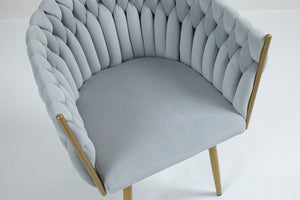 Poltrona Con Schienale In Velluto Intrecciato Design Moderno, Sedia Imbottita Circolare con Gambe in Metallo Placcato Oro Poltroncina  - Grigio