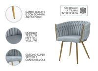 Poltrona Con Schienale In Velluto Intrecciato Design Moderno, Sedia Imbottita Circolare con Gambe in Metallo Placcato Oro Poltroncina  - Grigio
