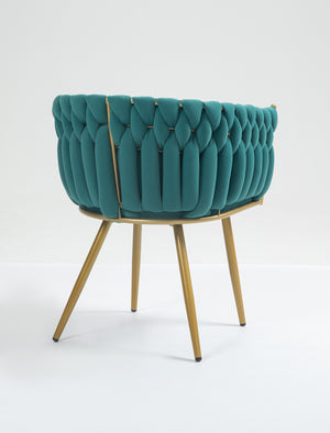 Poltrona Con Schienale In Velluto Intrecciato Design Moderno, Sedia Imbottita Circolare con Gambe in Metallo Placcato Oro Poltroncina  - Petrolio