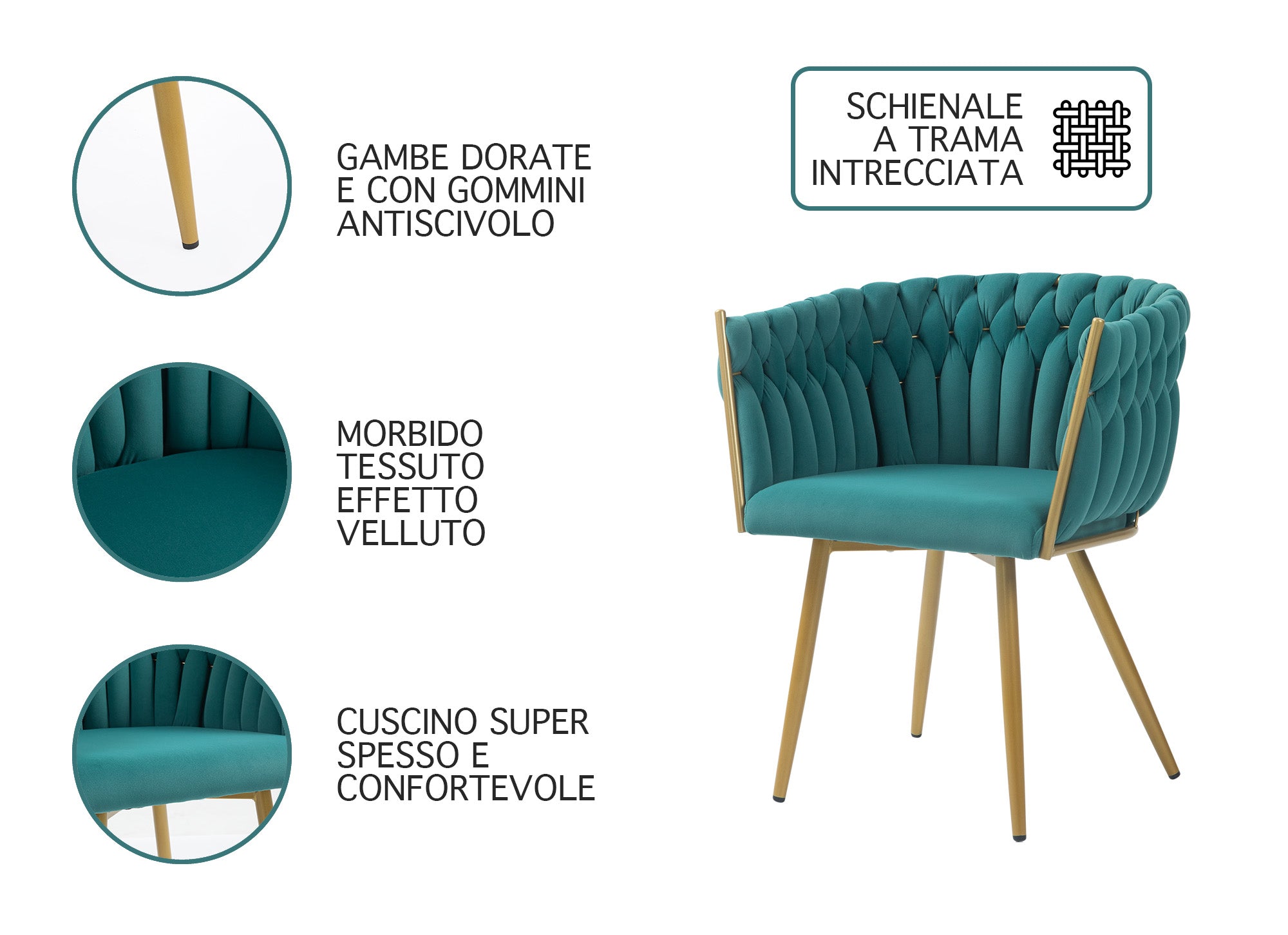 Poltrona Con Schienale In Velluto Intrecciato Design Moderno, Sedia Imbottita Circolare con Gambe in Metallo Placcato Oro Poltroncina  - Petrolio