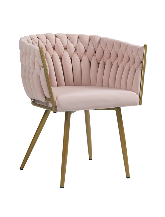 Poltrona Con Schienale In Velluto Intrecciato Design Moderno, Sedia Imbottita Circolare con Gambe in Metallo Placcato Oro Poltroncina  - Rosa