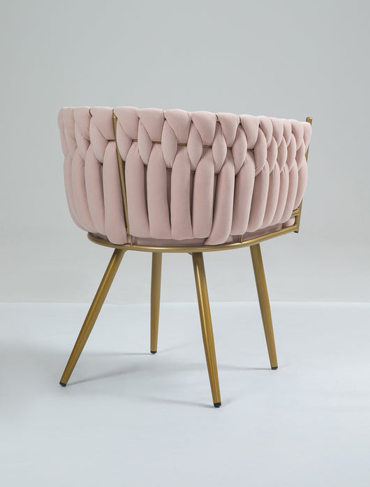 Poltrona Con Schienale In Velluto Intrecciato Design Moderno, Sedia Imbottita Circolare con Gambe in Metallo Placcato Oro Poltroncina  - Rosa