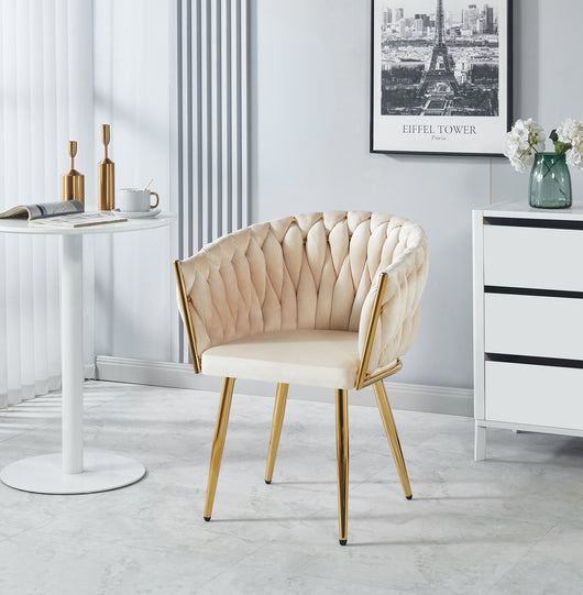 Poltrona Con Schienale In Velluto Intrecciato Design Moderno, Sedia Imbottita Circolare con Gambe in Metallo Placcato Oro Poltroncina  - Beige