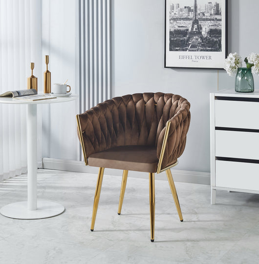 Poltrona Con Schienale In Velluto Intrecciato Design Moderno, Sedia Imbottita Circolare con Gambe in Metallo Placcato Oro Poltroncina  - Marrone