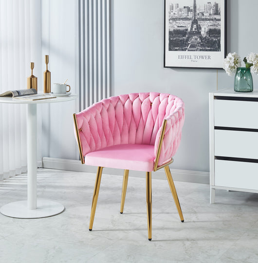 Poltrona Con Schienale In Velluto Intrecciato Design Moderno, Sedia Imbottita Circolare con Gambe in Metallo Placcato Oro Poltroncina  - Rosa Cipria