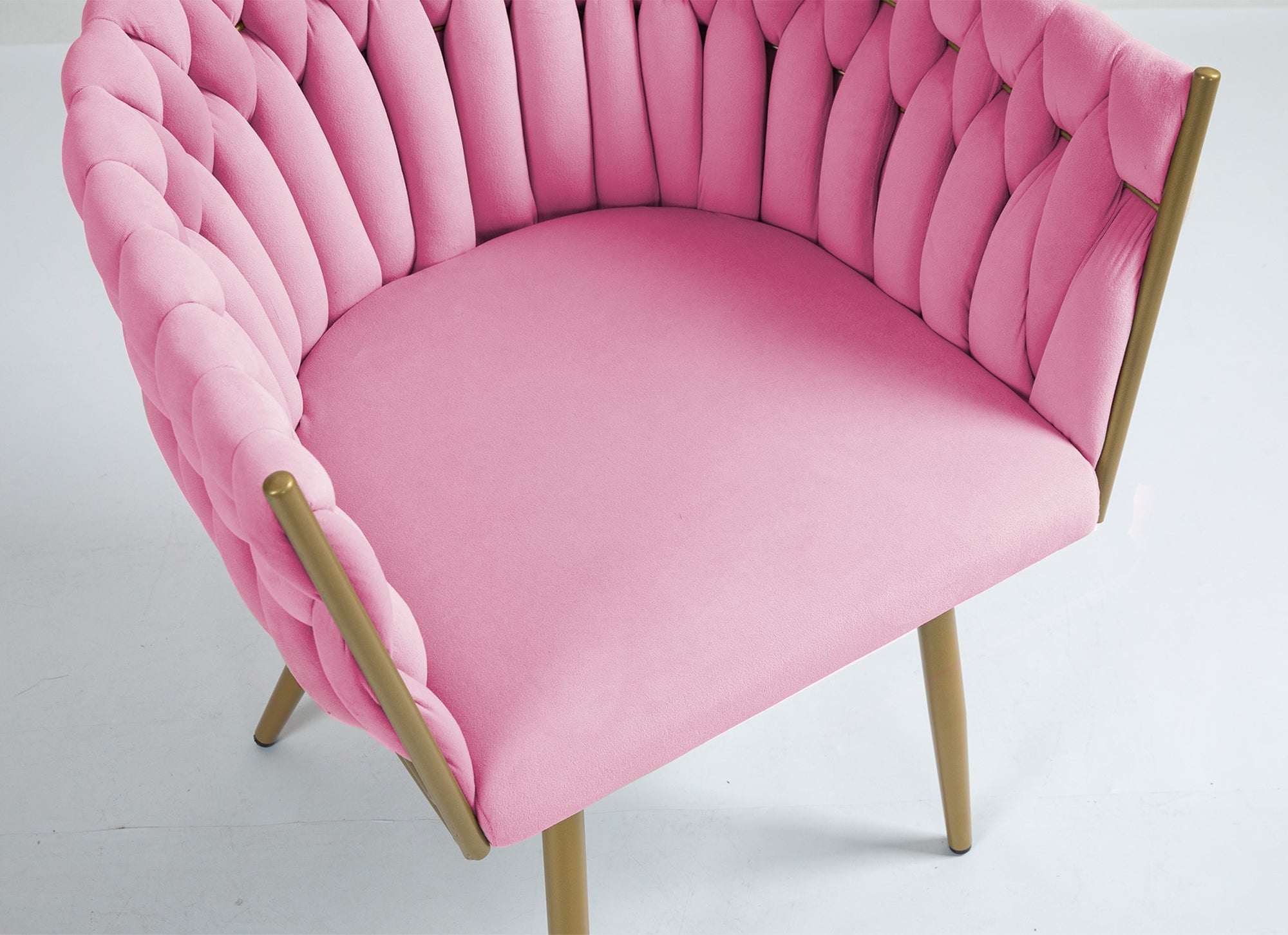 Poltrona Con Schienale In Velluto Intrecciato Design Moderno, Sedia Imbottita Circolare con Gambe in Metallo Placcato Oro Poltroncina  - Rosa Cipria