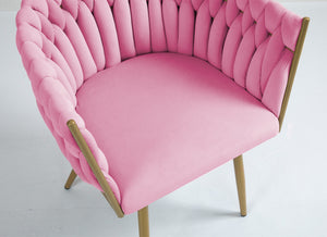 Poltrona Con Schienale In Velluto Intrecciato Design Moderno, Sedia Imbottita Circolare con Gambe in Metallo Placcato Oro Poltroncina  - Rosa Cipria