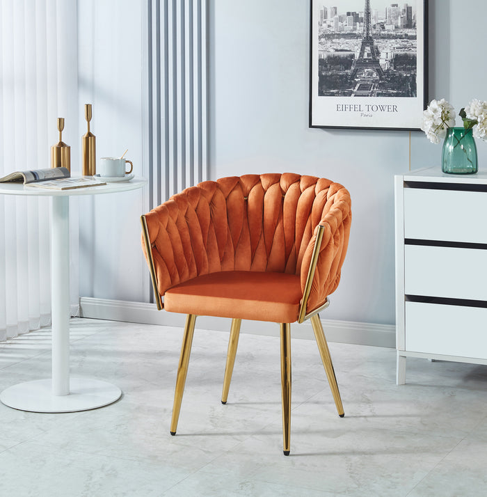 Poltrona Con Schienale In Velluto Intrecciato Design Moderno, Sedia Imbottita Circolare con Gambe in Metallo Placcato Oro Poltroncina  - Rust