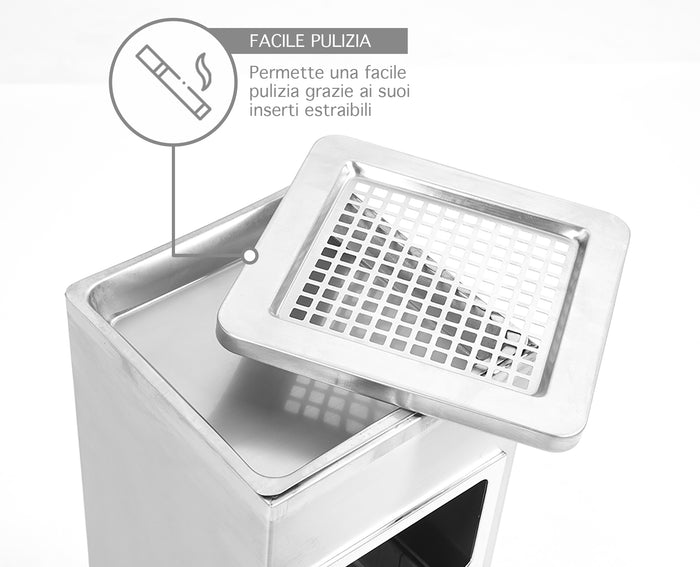 Posacenere 2 In 1 Da Terra In Acciaio Inox Per Esterno Con Gettacarte Rotondo O Rettangolare Con Secchio Cestino Professionale Gettacarte Spazzatura Casa Ufficio Bar Ristoranti Pattumiera Sigarette - Mod2Grigio