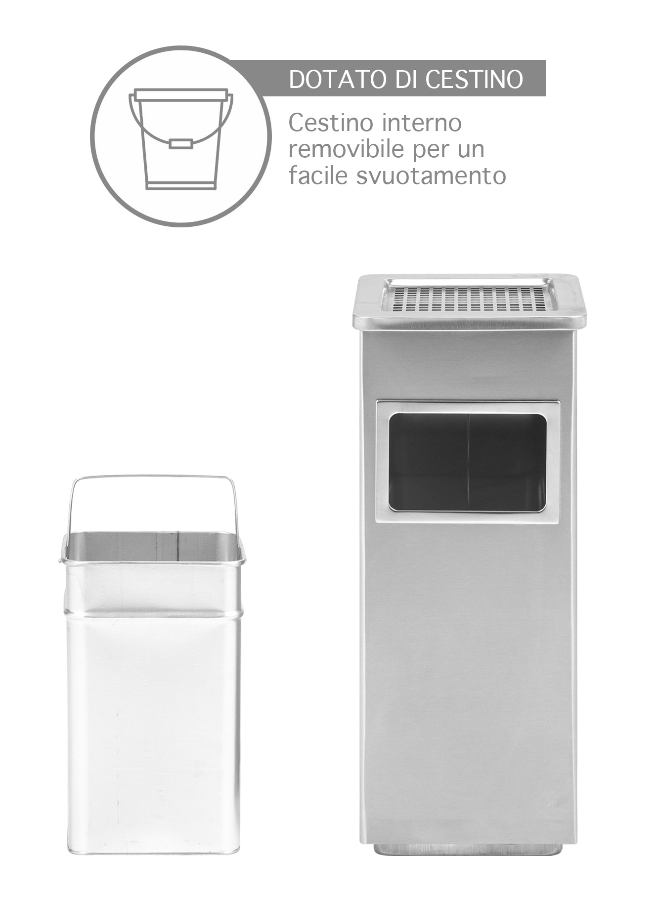 Posacenere 2 In 1 Da Terra In Acciaio Inox Per Esterno Con Gettacarte Rotondo O Rettangolare Con Secchio Cestino Professionale Gettacarte Spazzatura Casa Ufficio Bar Ristoranti Pattumiera Sigarette - Mod2Grigio