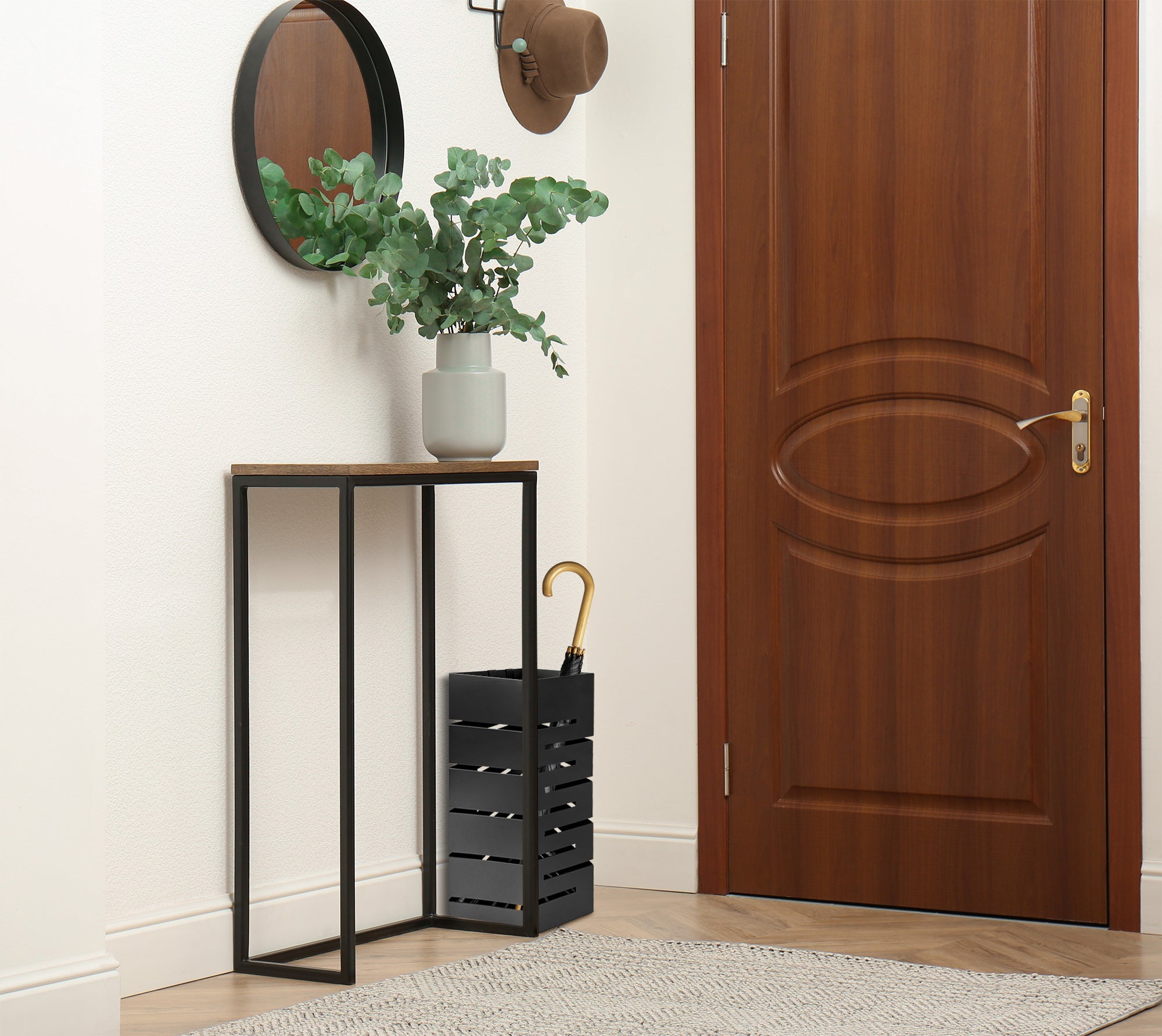 Portaombrelli Interno Esterno  Elegante in Metallo Con Ganci Per Ombrellini Design Moderno Modello 9 Nero