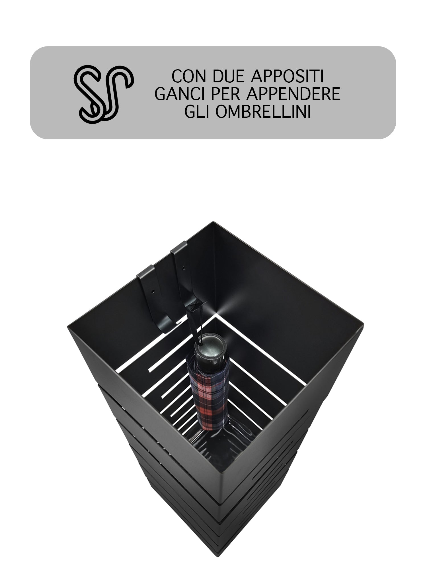 Portaombrelli Interno Esterno  Elegante in Metallo Con Ganci Per Ombrellini Design Moderno Modello 9 Nero