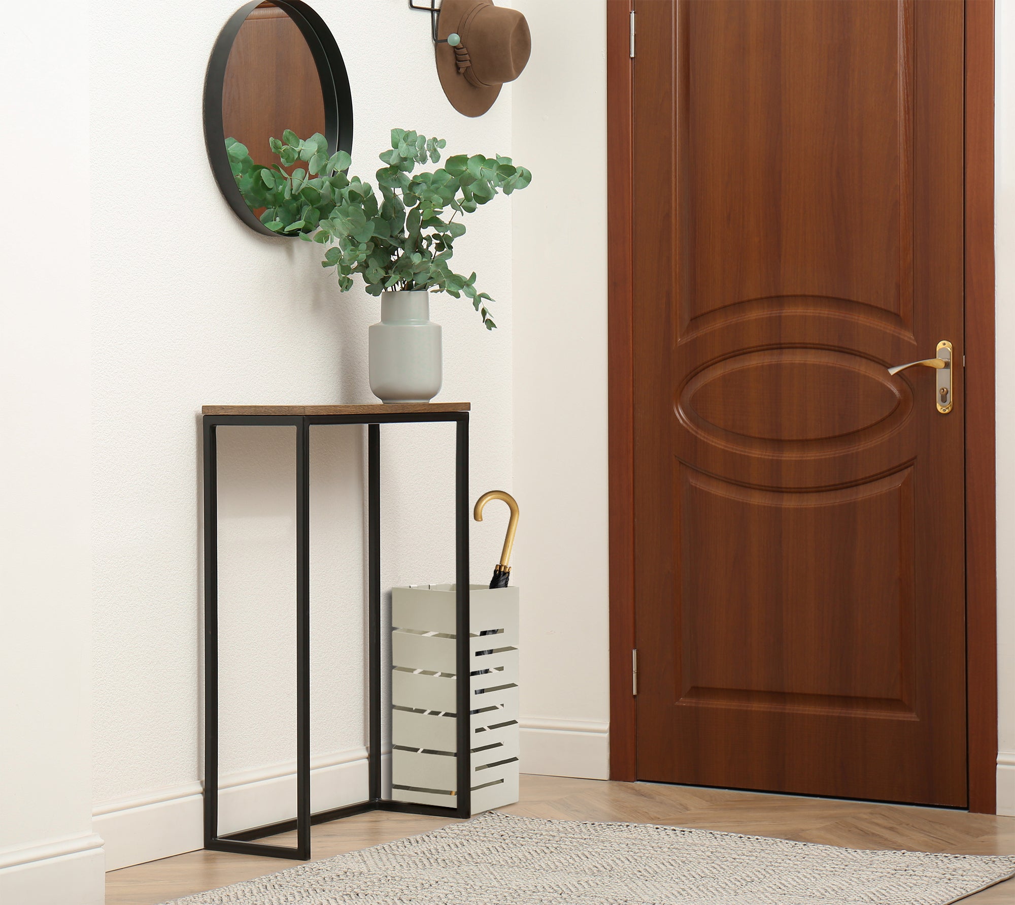 Portaombrelli Interno Esterno  Elegante in Metallo Con Ganci Per Ombrellini Design Moderno Modello 9 Tortora