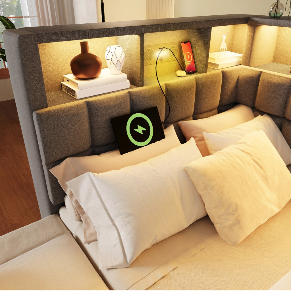 Letto imbottito 90x200 cm con letto estraibile; LED; Bluetooth; USB-A e USB-C; grigio
