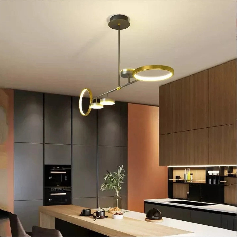 Trade Shop - Lampadario A Sospensione Led 37w Con 5 Cerchi Orizzontale Nero Oro Luce Naturale 71354 -