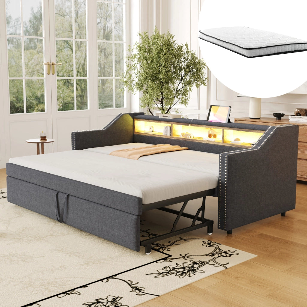 Letto sofa estraibile imbottito in juta 90/180x190 cm