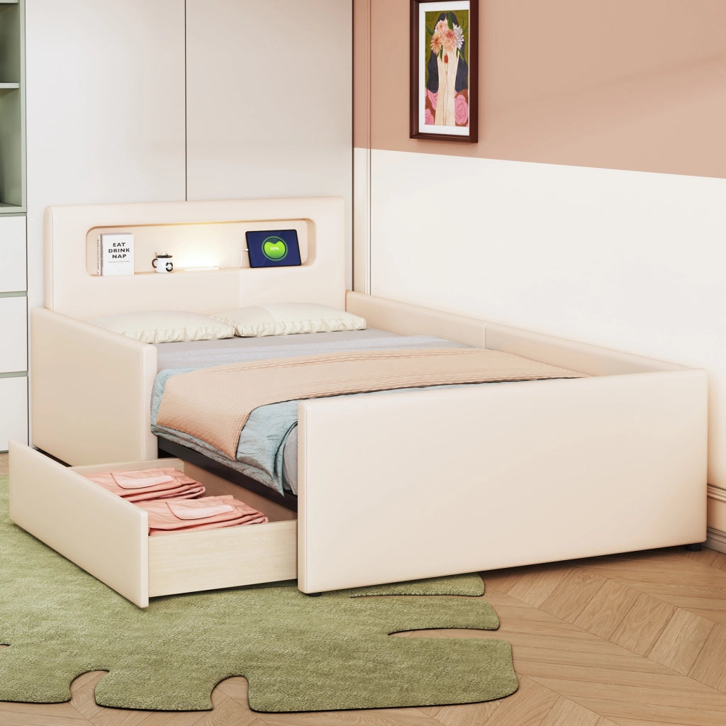 Letto 90x200 cm - Letto imbottito,Con luce notturna,Porta di ricarica USB,Con vani portaoggetti,rosa