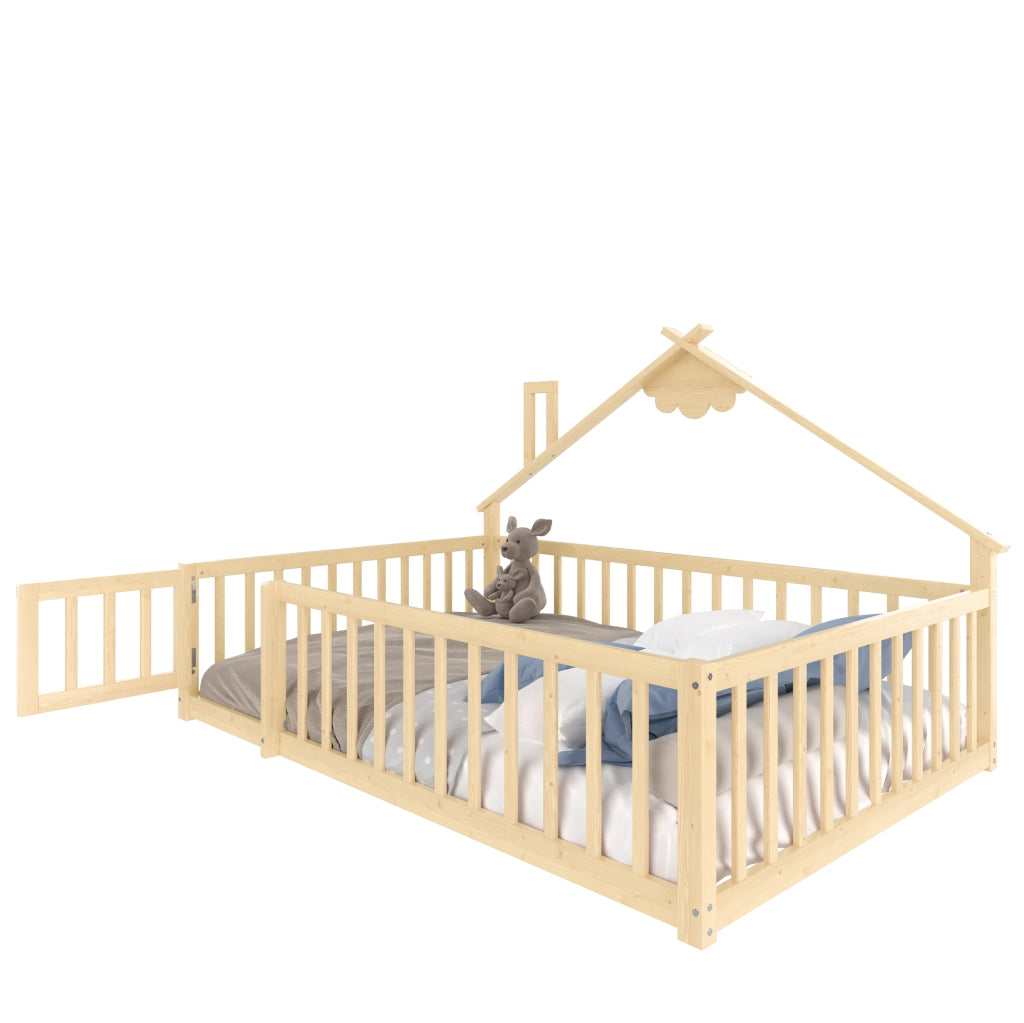 Letto per bambini 140x190 cm; casetta con sponde e serratura; legno; colore naturale (Senza materasso)